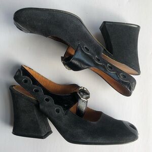 Vintage 1970s Chunky Black Suede Peep Toe Dancing Shoes